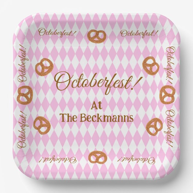 Pink Bavarian Octoberfest Pretzels Personalize Paper Plates (Front)