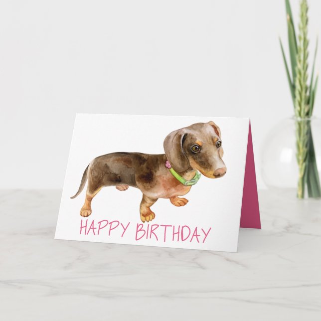 Pink Bday Puppy Dog Lover Dachshund Birthday Card (Front)