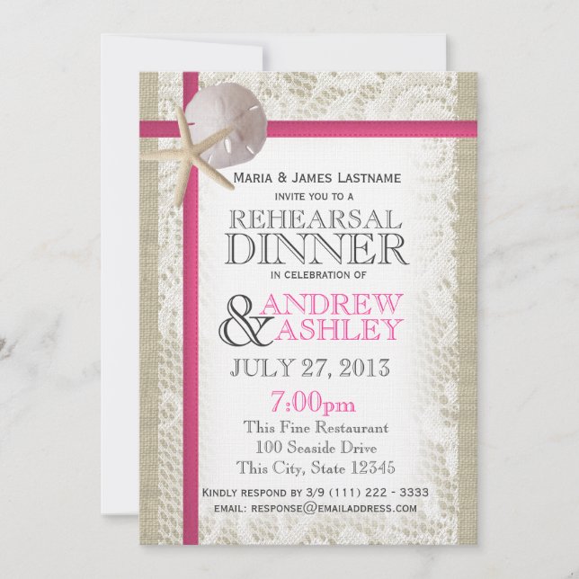 Pink Beach and Burlap Rehearsal Dinner Invitation (Front)