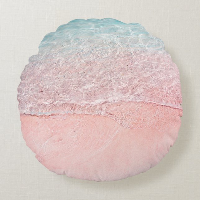 Pink Beach and Splash Wave Round Pillow (Front)