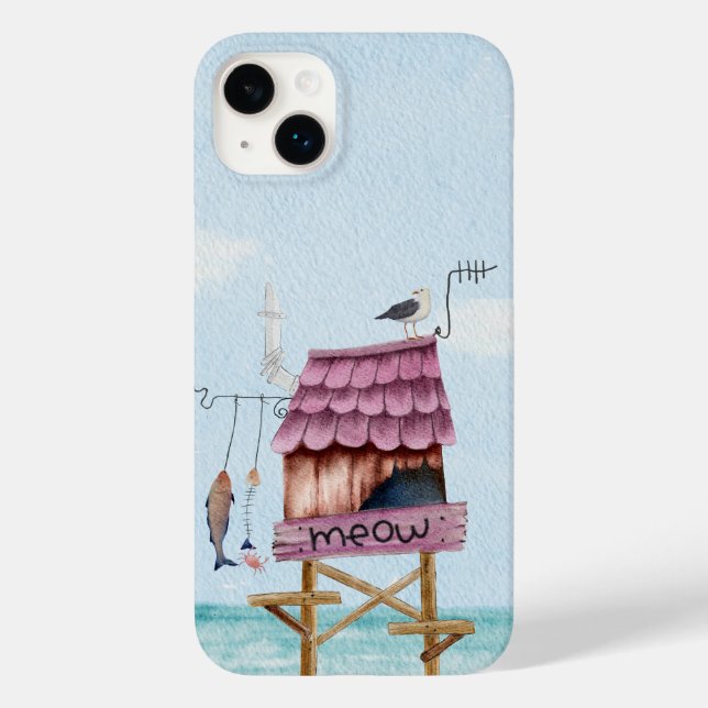 Pink beach fishing hut pier stilts bird fish meow  Case-Mate iPhone case (Back)