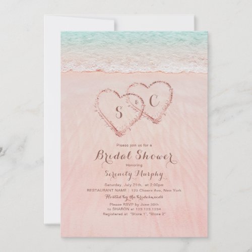 Pink beach hearts in the sand bridal shower invitation