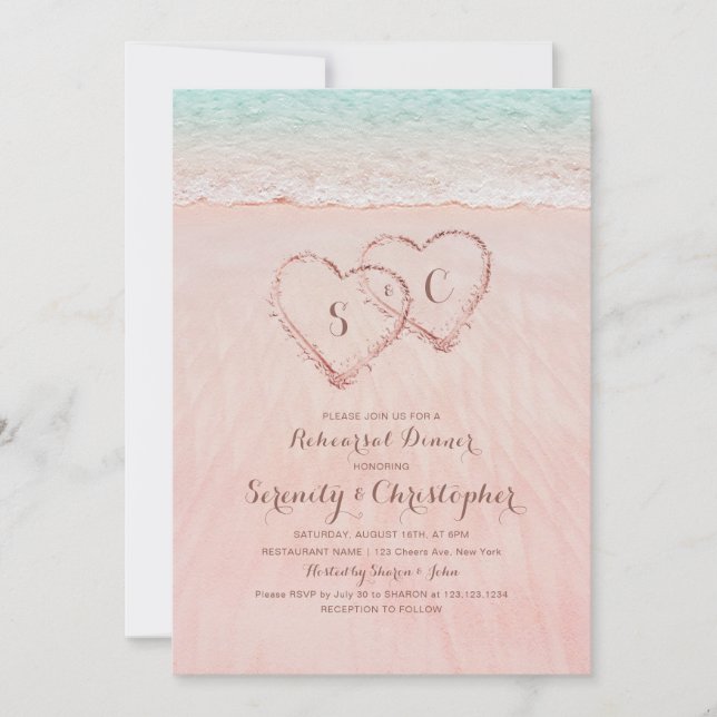 Pink beach hearts in the sand rehearsal dinner invitation (Front)