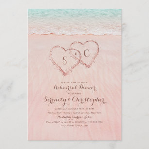 Pink beach hearts in the sand rehearsal dinner invitation