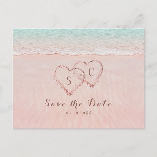 Pink beach hearts in the sand save the date announcement postcard