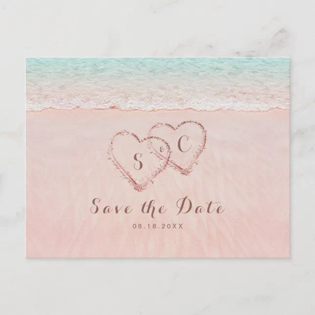 Pink beach hearts in the sand save the date announcement postcard | Zazzle