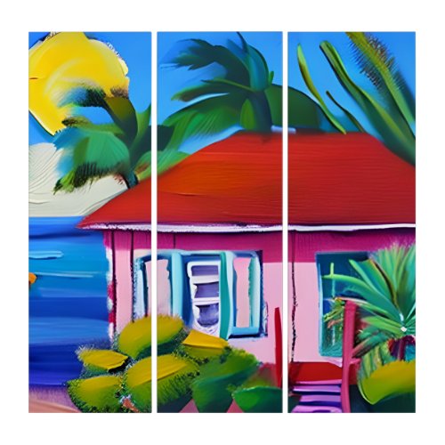 Pink Beach house Tropical Art