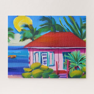 Pink Beach house Tropical Art Jigsaw Puzzle