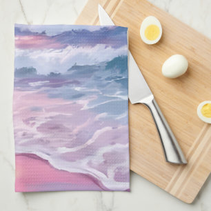 Pink Beach Ocean Shore Coastal Painting  Kitchen Towel