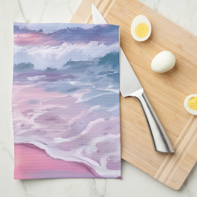 Pink Beach Ocean Shore Coastal Painting  Kitchen Towel (Quarter Fold)