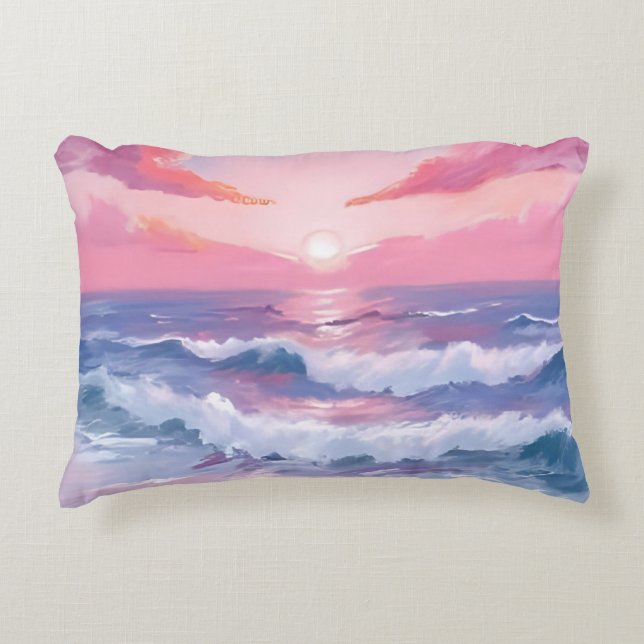 Pink Beach Ocean Shore Painted Accent Pillow (Front)