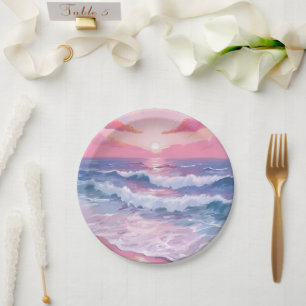 Pink Beach Ocean Shore Painted Paper Plates