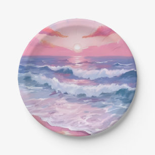 Pink Beach Ocean Shore Painted Paper Plates