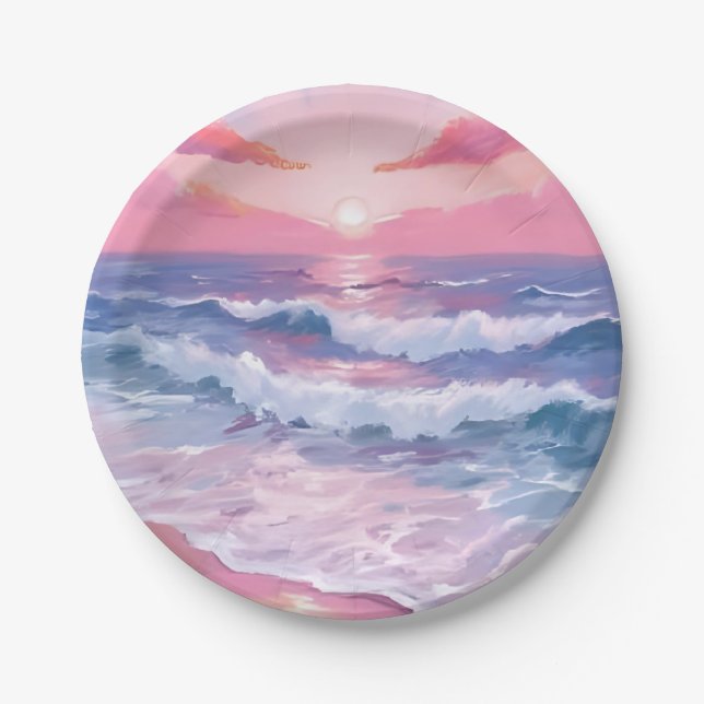 Pink Beach Ocean Shore Painted Paper Plates (Front)