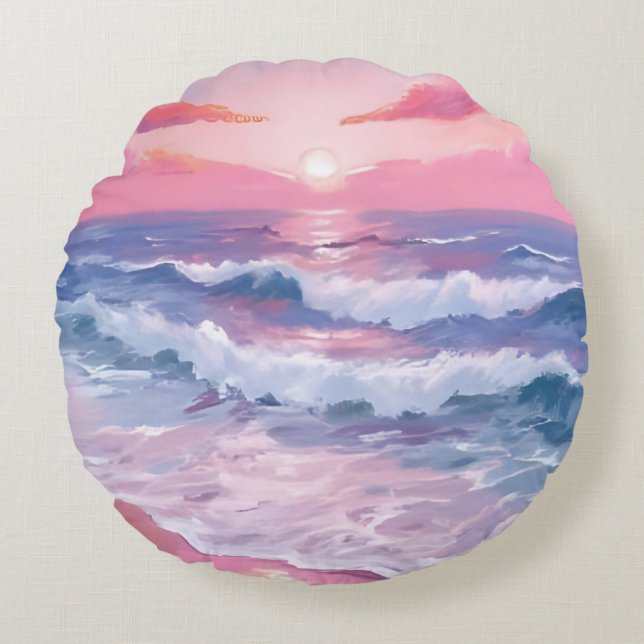 Pink Beach Ocean Shore Painted Round Pillow (Front)
