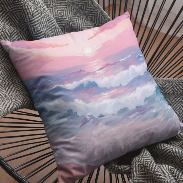 Pink Beach Ocean Shore Painted Throw Pillow (Creator Uploaded)