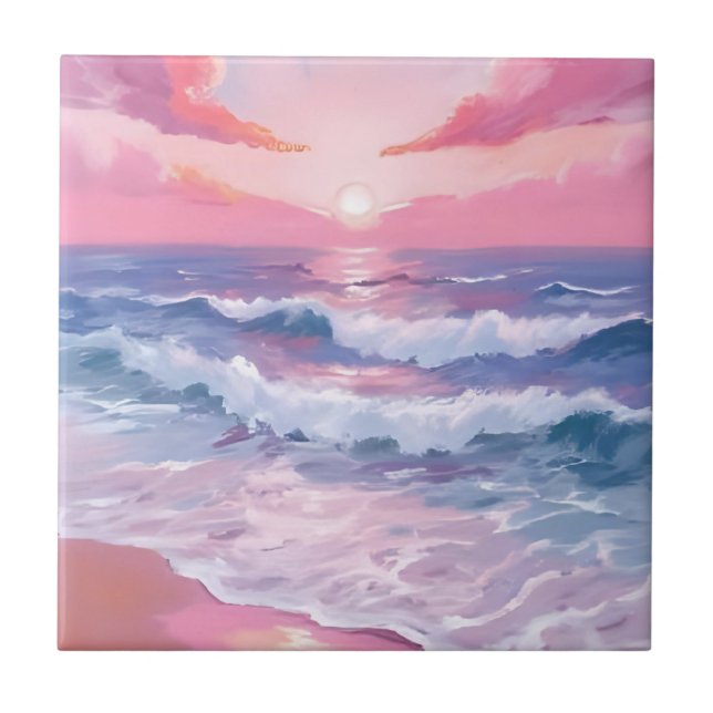 Pink Beach Ocean Shore Painting Art Ceramic Tile (Front)