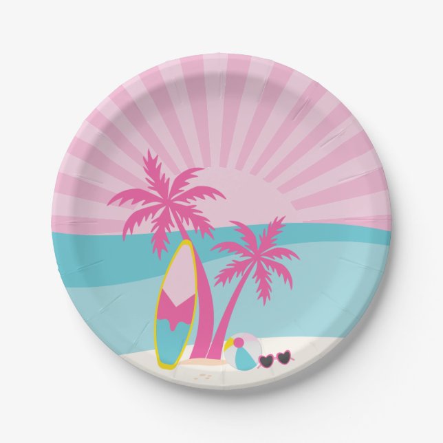 Pink Beach Palm Birthday Paper Plates (Front)