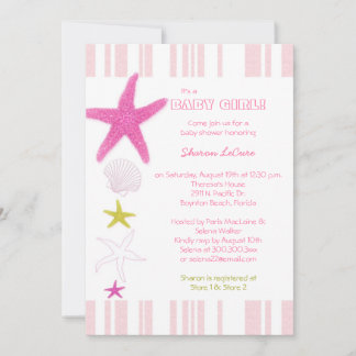 Pink Beach Starfish Stripes Baby Girl Baby Shower Invitation