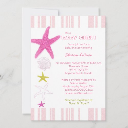 Pink Beach Starfish, Stripes Baby Girl Baby Shower Invite