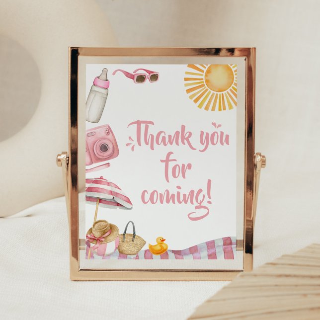 Pink Beach Summer Baby Shower Thank you for Coming Poster (Splish Splash Baby Shower Thank you for Coming Sign)