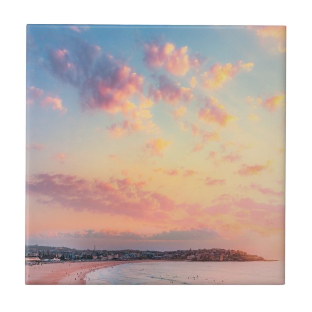Pink beach sun golden skies beautiful vacation  ceramic tile (Front)