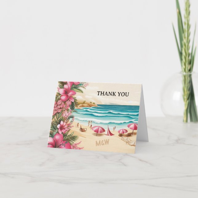 Pink Beach Wedding Letterpress Thank You Card (Front)