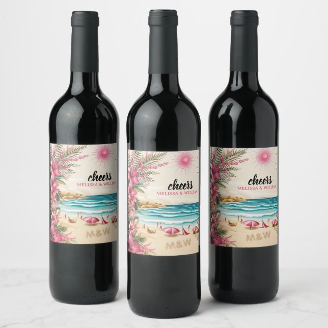 Pink Beach Wedding Shower Wine Label (Bottles)