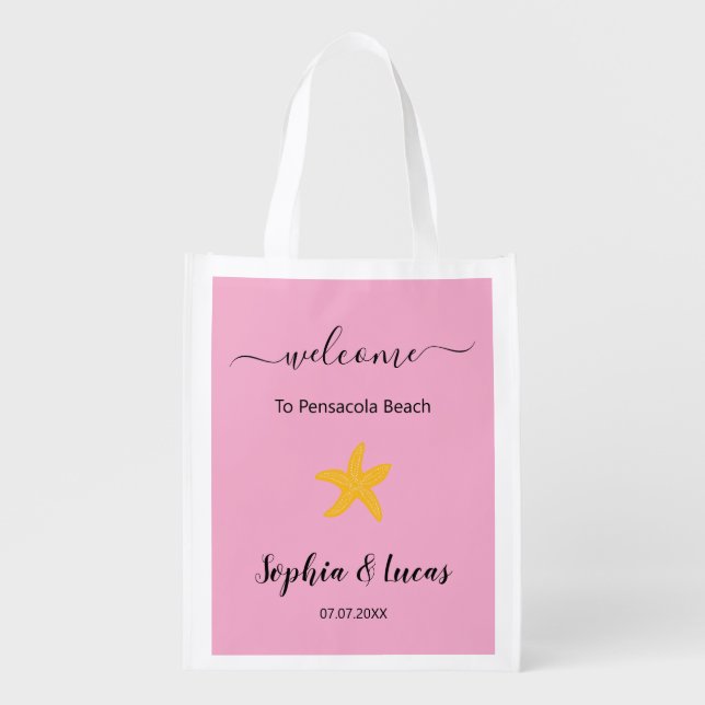 Pink Beach Wedding Welcome Starfish  Grocery Bag (Front)