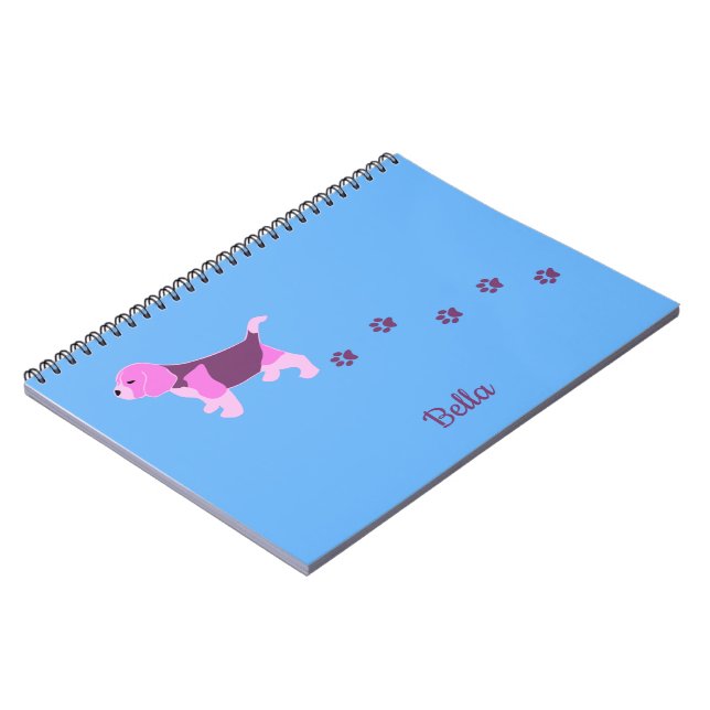 Pink Beagle Dog Art Puppy Pawprints Custom Name Notebook (Left Side)