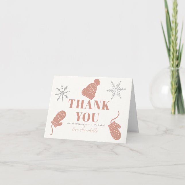 Pink Beanie & Gloves Girl Baby Shower Thank You Card (Front)