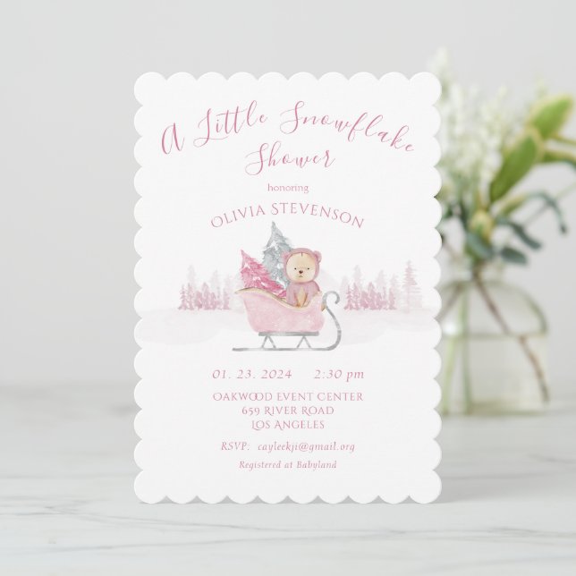 Pink Bear A Little Snowflake Baby Shower Invitation (Standing Front)