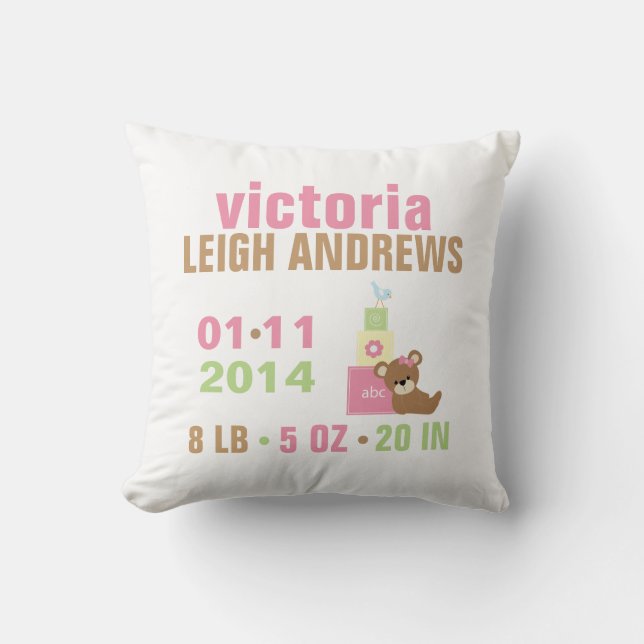 Pink Bear and Toy Blocks Baby Birth Announcement Throw Pillow (Front)