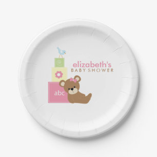 Pink Bear and Toy Blocks Baby Shower Paper Plates