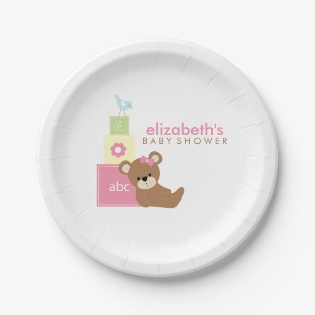 Pink Bear and Toy Blocks Baby Shower Paper Plates (Front)