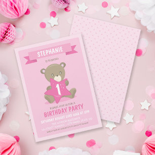 Pink Bear Any Age or First Birthday Invitation