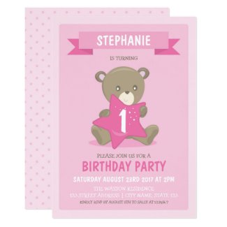 Pink Bear Any Age or First Birthday Invitation