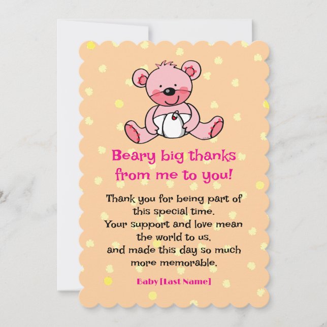 Pink Bear Baby Design Thank You Card (Front)