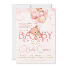 Pink Bear baby girl baby shower invitation