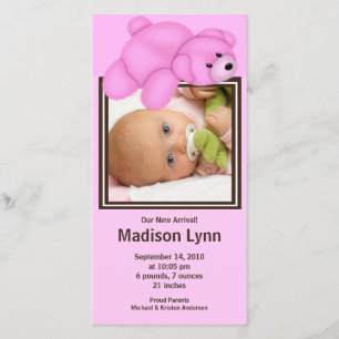 Pink Bear Baby Girl Birth Annoucement Announcement