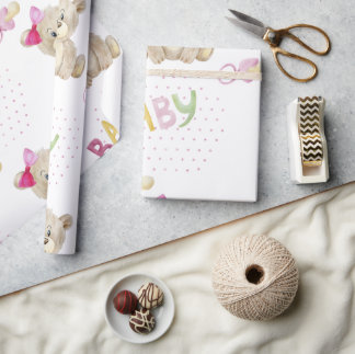 Pink Bear Baby Girl Pink Watercolor Baby Shower Wrapping Paper