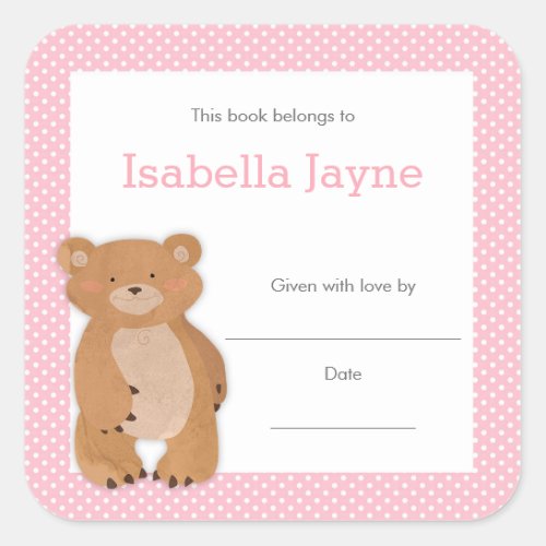 Pink Bear Baby Shower Bookplate girl book plate