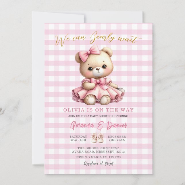 Pink Bear Baby Shower Gingham Can Bearly Wait  Invitation (Front)