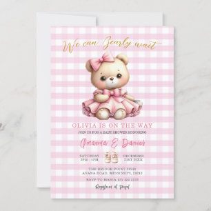 Pink Bear Baby Shower Gingham Can Bearly Wait Invitation