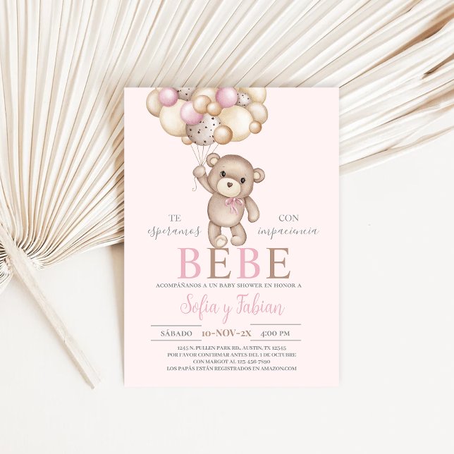 Pink Bear Baby Shower Girl Spanish Invitation (Creator Uploaded)