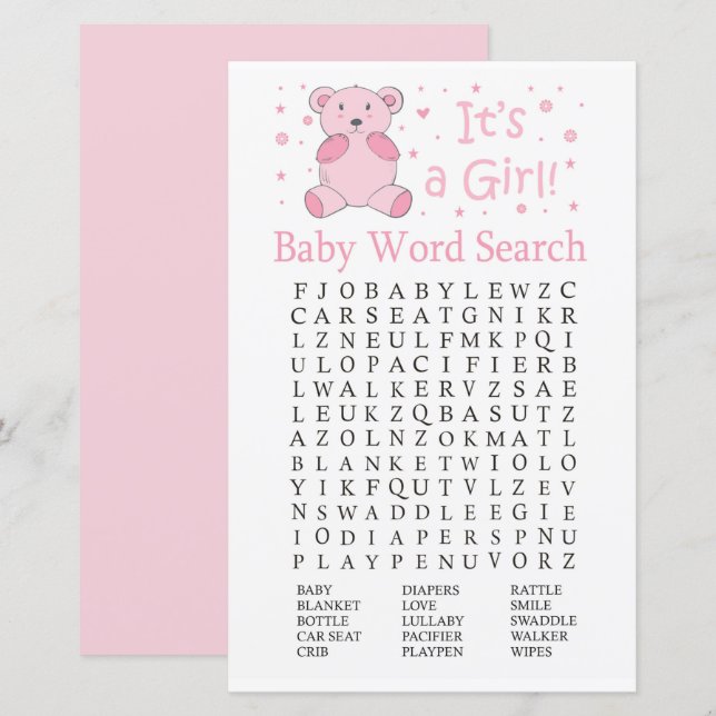 Pink bear Baby Shower Word Search Game (Front/Back)