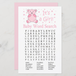 Pink bear Baby Shower Word Search Game