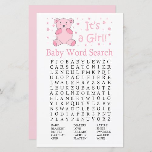 Pink bear Baby Shower Word Search Game