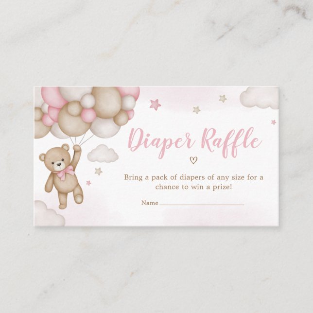 Pink Bear Balloon Baby Shower Diaper Raffle Enclosure Card (Front)