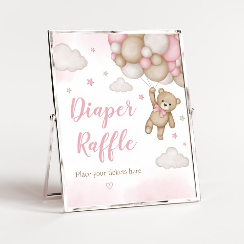 Pink Bear Balloon Baby Shower Diaper Raffle Poster